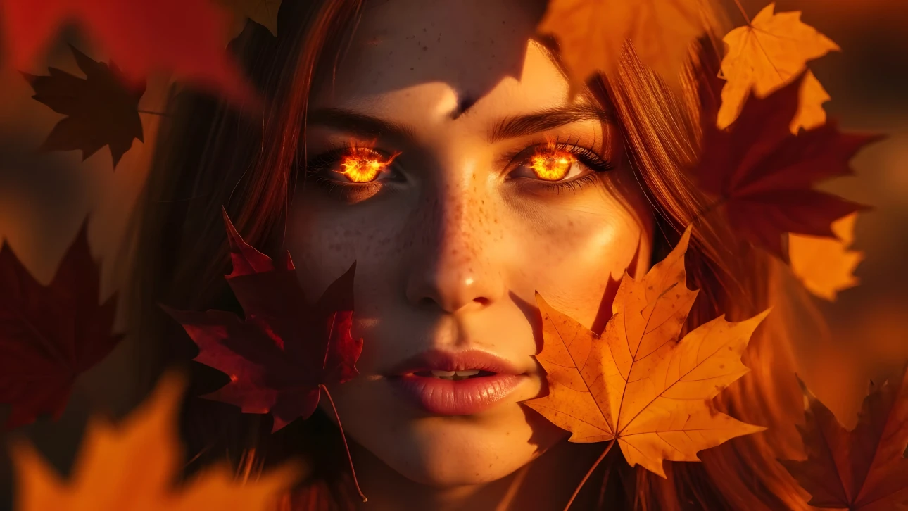 Enhance your creative project with this stunning image of a woman with fiery eyes amidst fall foliage.