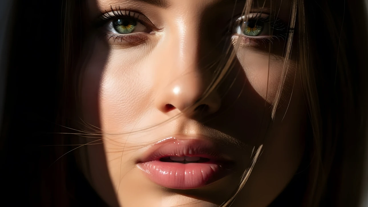 Enhance your visuals with this detailed close-up of a woman's face, highlighting captivating green eyes and dramatic shadows.