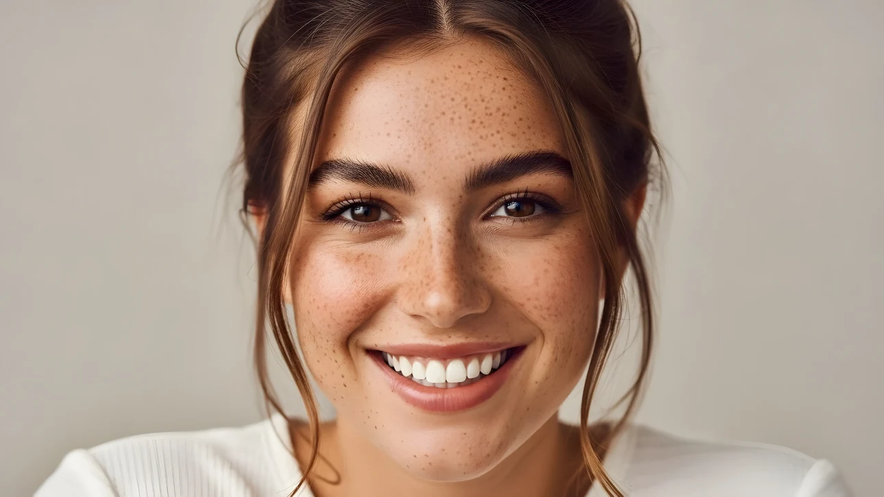 Showcase natural beauty with this image of a smiling woman with freckles. Enhance campaigns with authentic, relatable visuals.