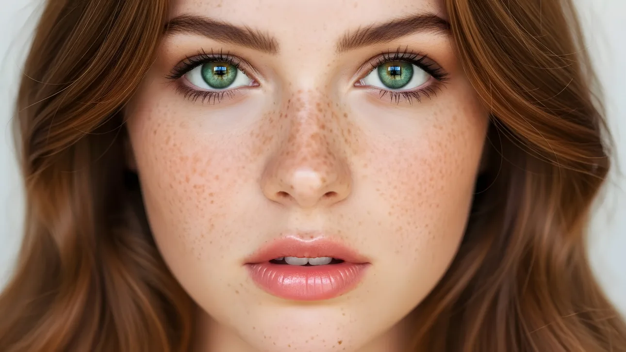 Showcase authentic beauty with this close-up portrait featuring striking emerald eyes and natural freckles.