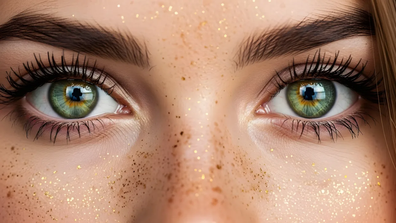 Elevate your designs with this eye close-up, featuring captivating green eyes, golden freckles, and soft lighting.