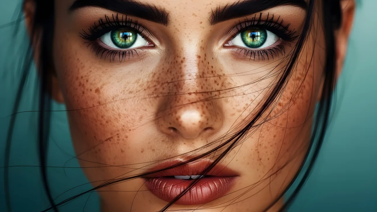 Elevate your project with this striking close-up featuring captivating green eyes and detailed freckles, perfect for high-end cosmetic or skincar