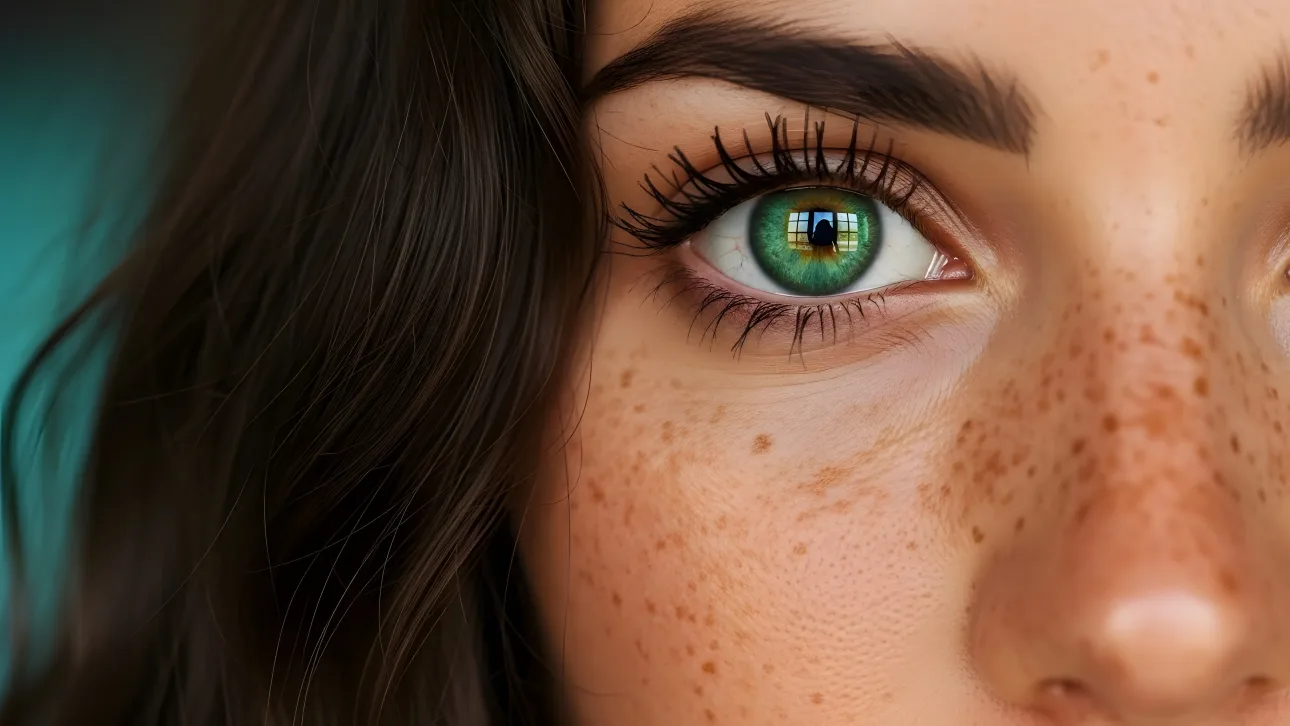 Reveal captivating beauty with this close-up image of a woman's eye, featuring striking green color and delicate freckles.