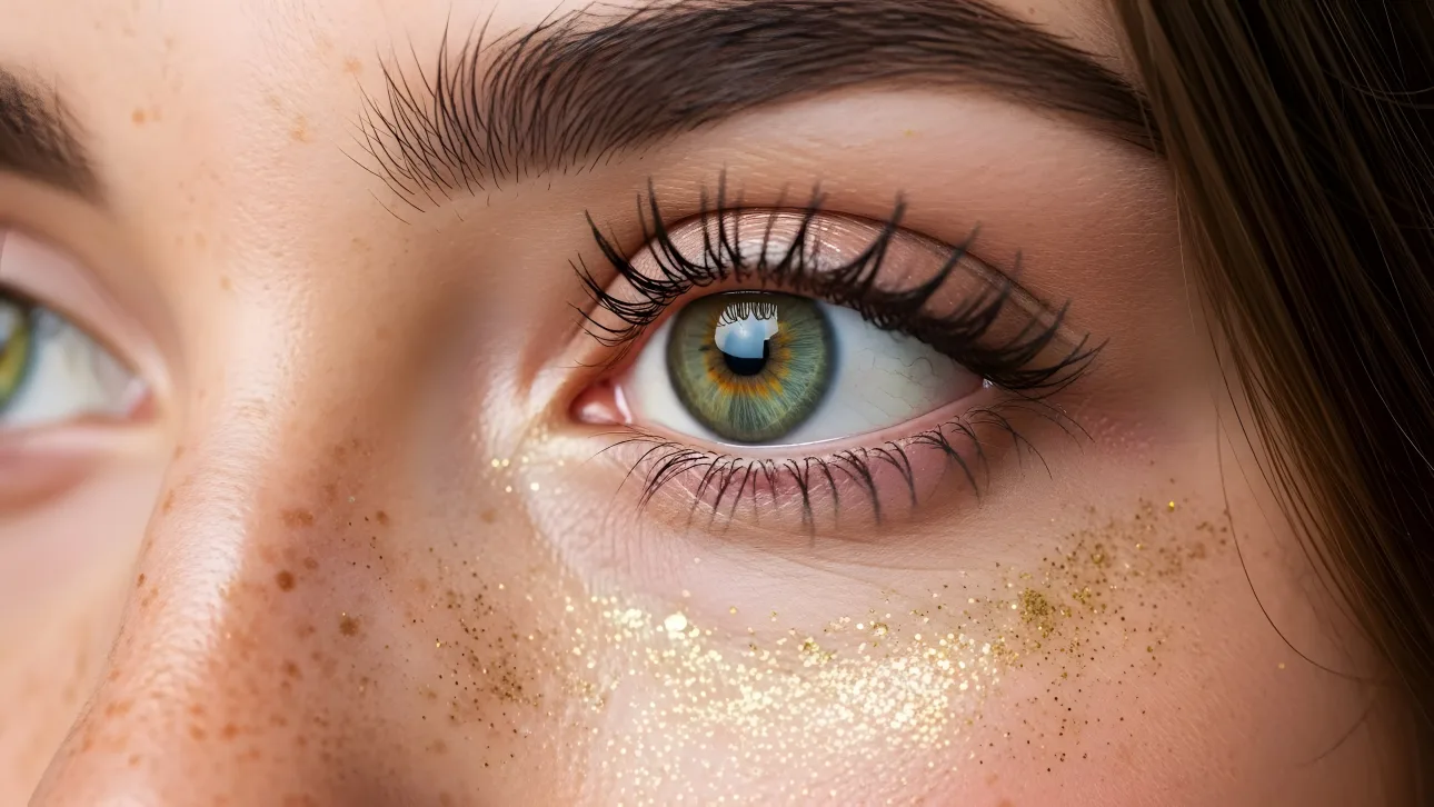 Enhance your visuals with a striking macro of a woman's eye, showcasing intricate details and shimmering gold glitter.