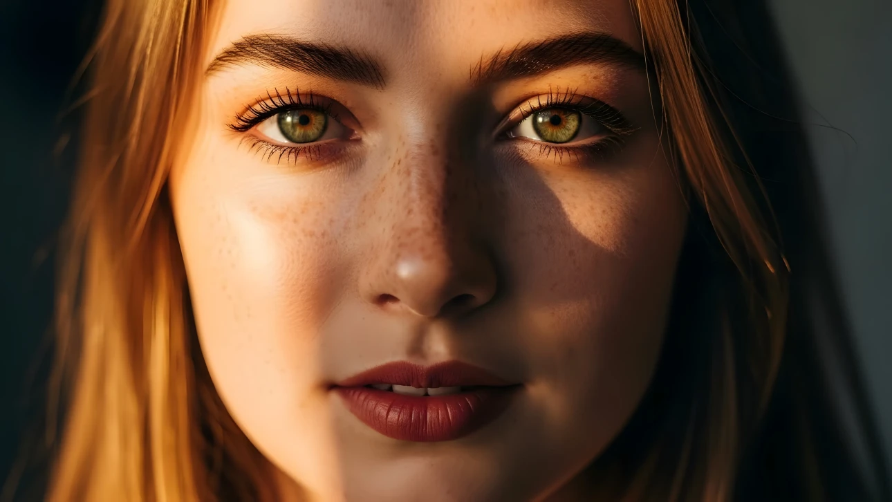 Reveal captivating beauty with this portrait featuring a woman's freckled face and striking green eyes.
