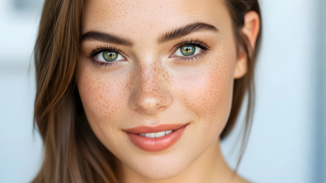 Enhance your project with this premium image featuring a beautiful woman with freckles and striking green eyes.