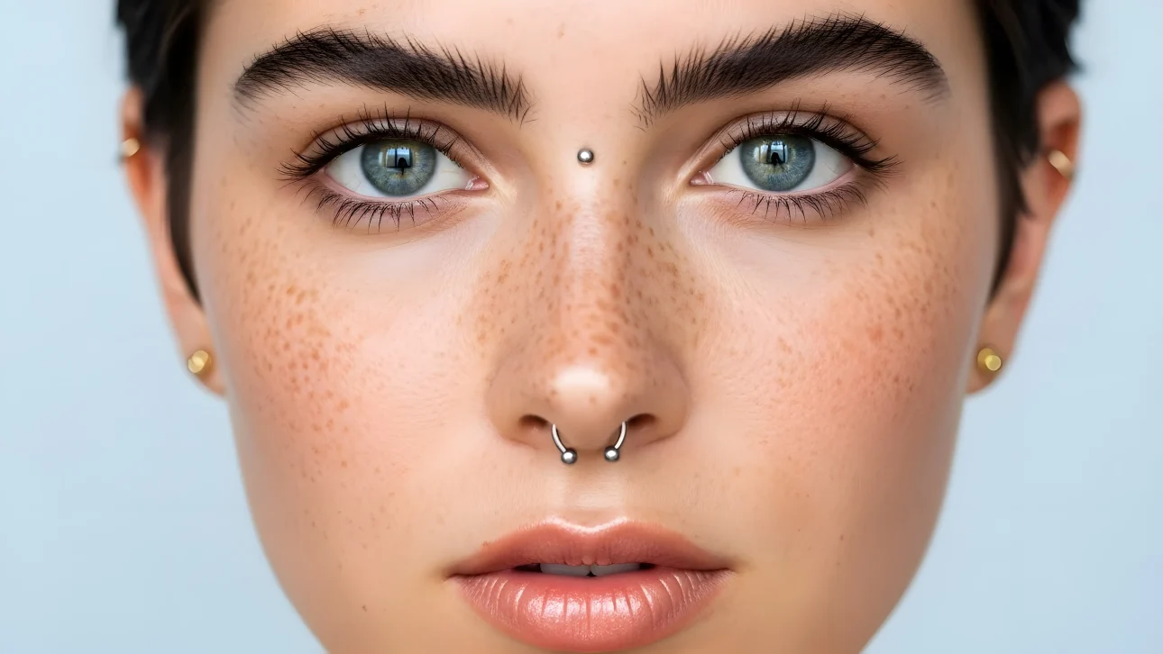 Discover a captivating portrait featuring a freckled woman with unique facial piercings.