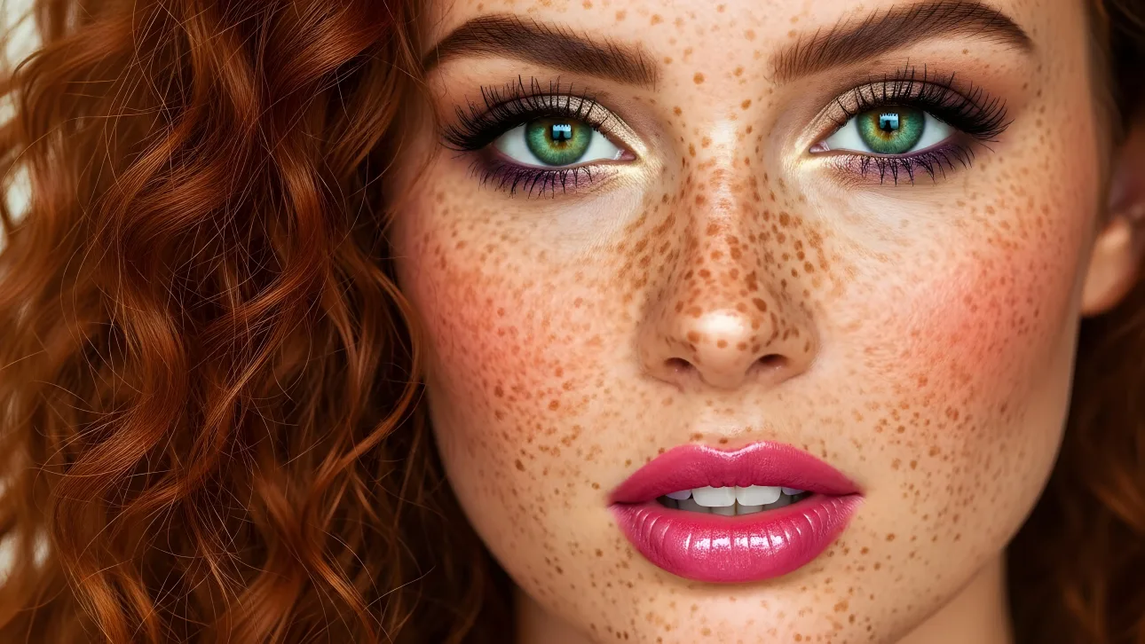 Elevate your visuals with this striking redhead featuring a unique freckled complexion.