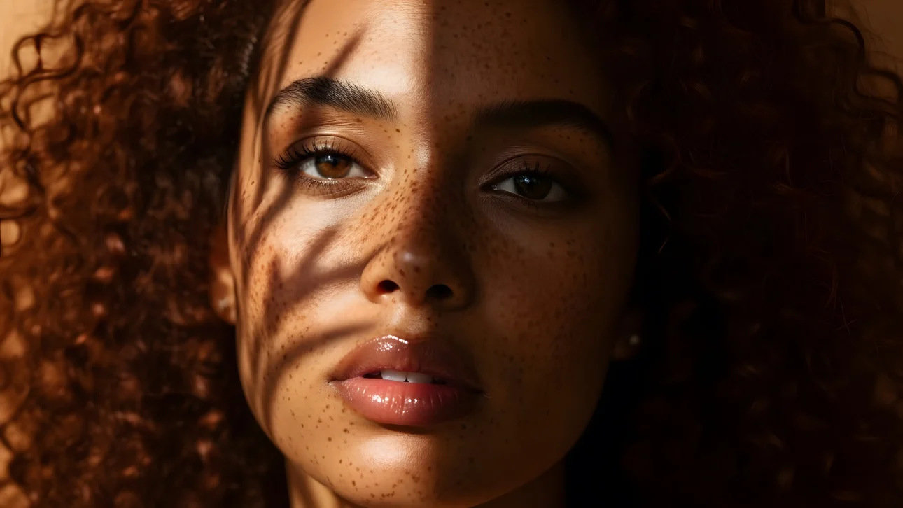 Elevate your project with this striking portrait of a freckled woman, bathed in natural light and subtle shadows.