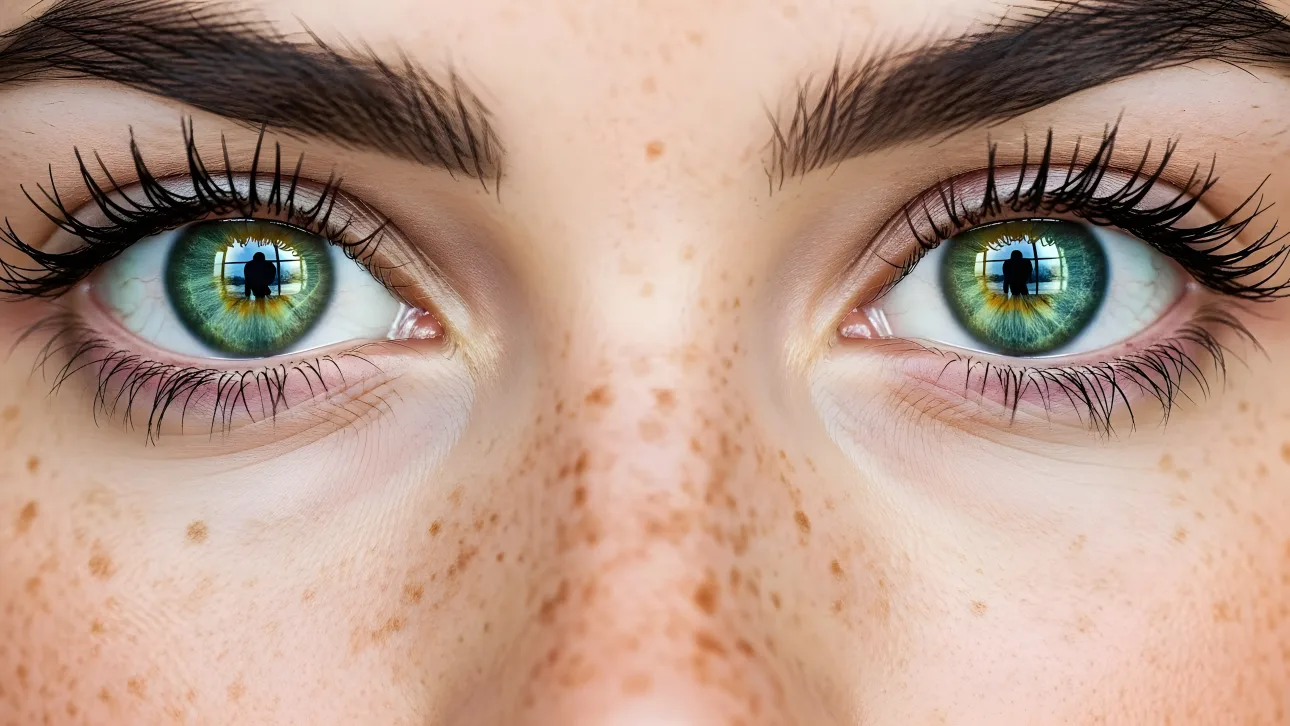 Elevate your project with this detailed close-up of striking green eyes reflecting a silhouette, complemented by freckled skin.