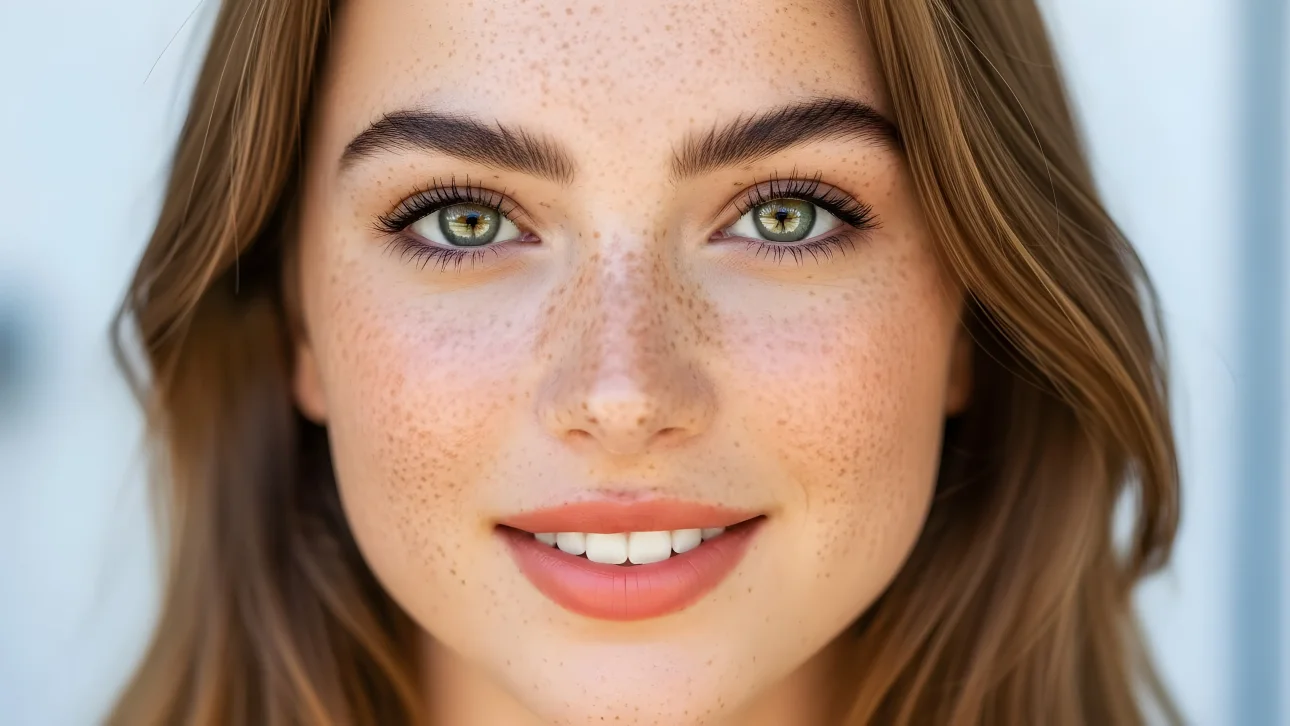 Enhance your projects with this beautiful image of a smiling woman featuring natural freckles and captivating green eyes.