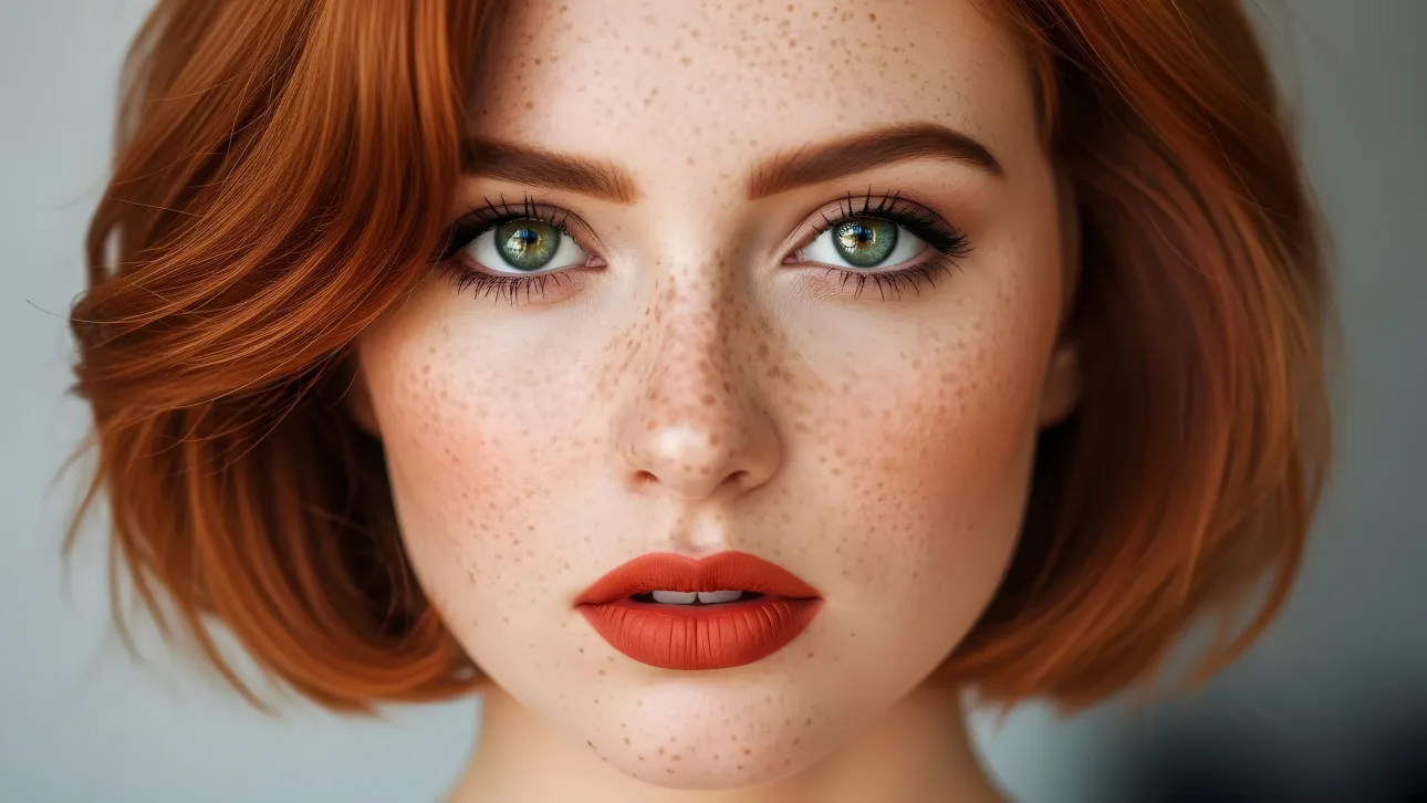 Elevate your project with a stunning portrait of a redhead with freckles. Perfect for beauty campaigns or high-fashion editorials.