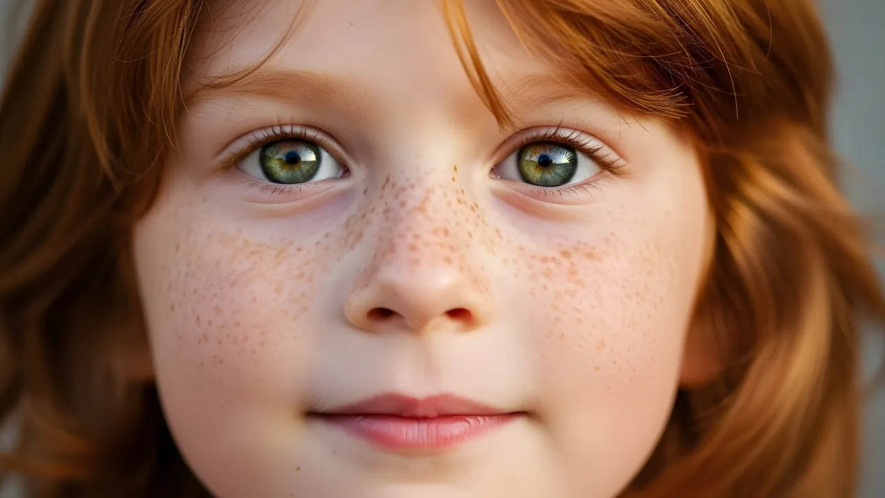 Capture authentic childhood with this close-up featuring a red-haired child's striking green eyes and freckled skin.