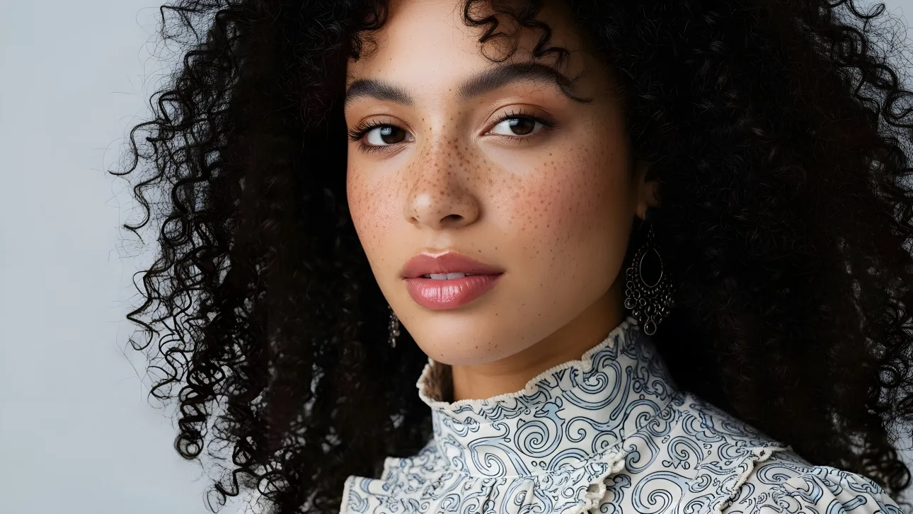 Enhance your project with this captivating image of a woman featuring natural freckles and voluminous curls.