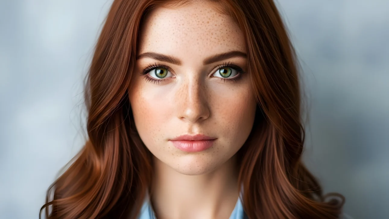 Capture natural beauty with this portrait of a redhead woman featuring radiant freckles.