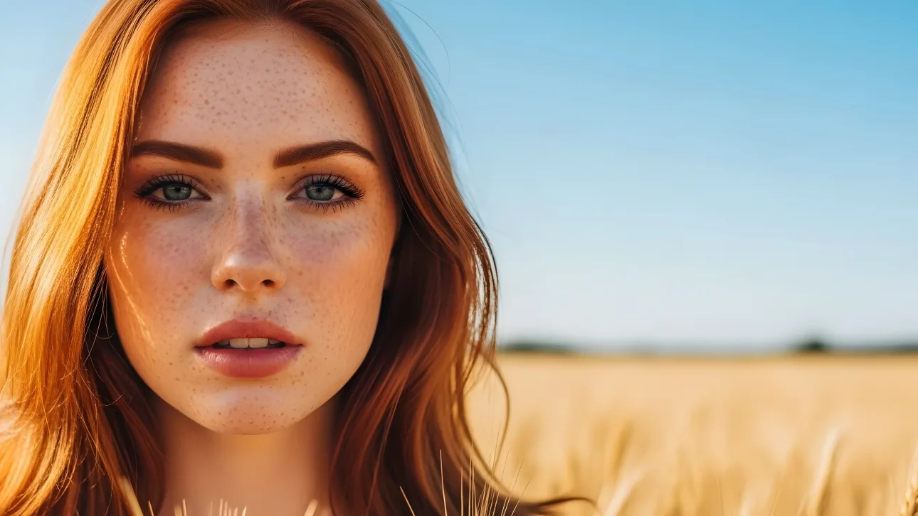 Elevate your project with this striking redhead woman portrait in a sunlit wheat field.