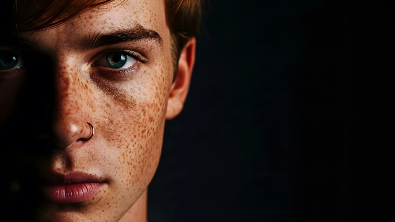 Evoke raw emotion with this close-up of a redhead featuring striking freckles and a nose ring, perfect for edgy editorial designs and authentic b