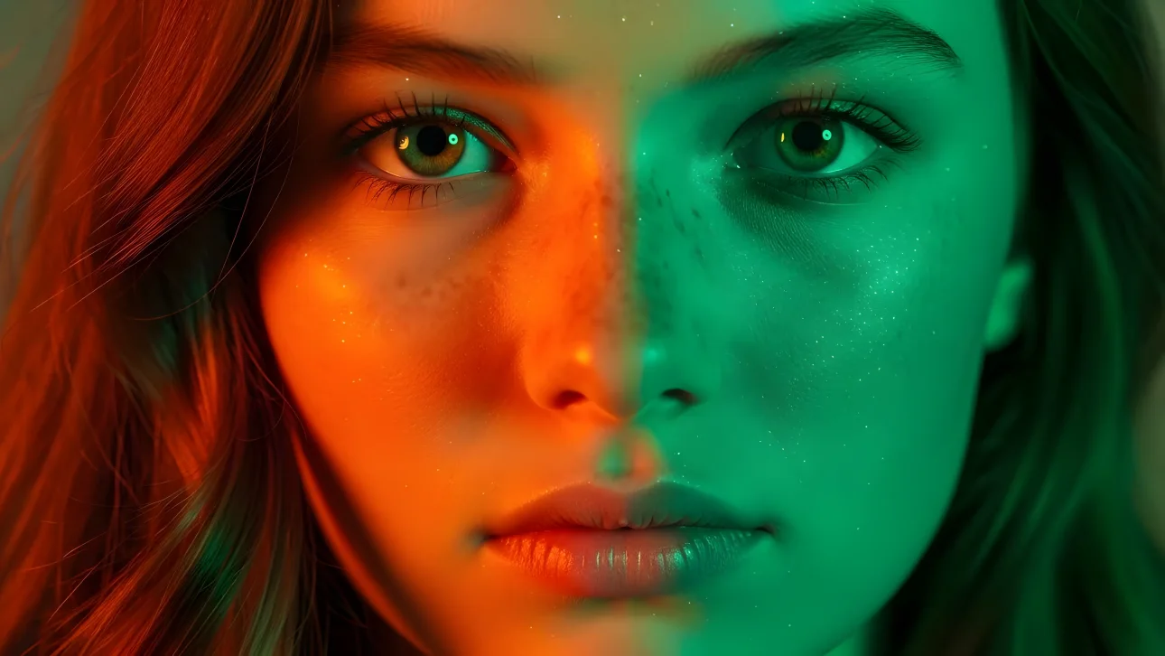 Capture otherworldly beauty using this striking portrait, bathed in contrasting hues and glistening with ethereal shimmer.