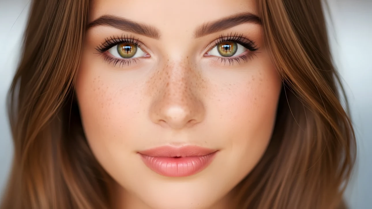 Enhance your project with this high-resolution image of a woman featuring delicate freckles and captivating green eyes, perfect for beauty and we