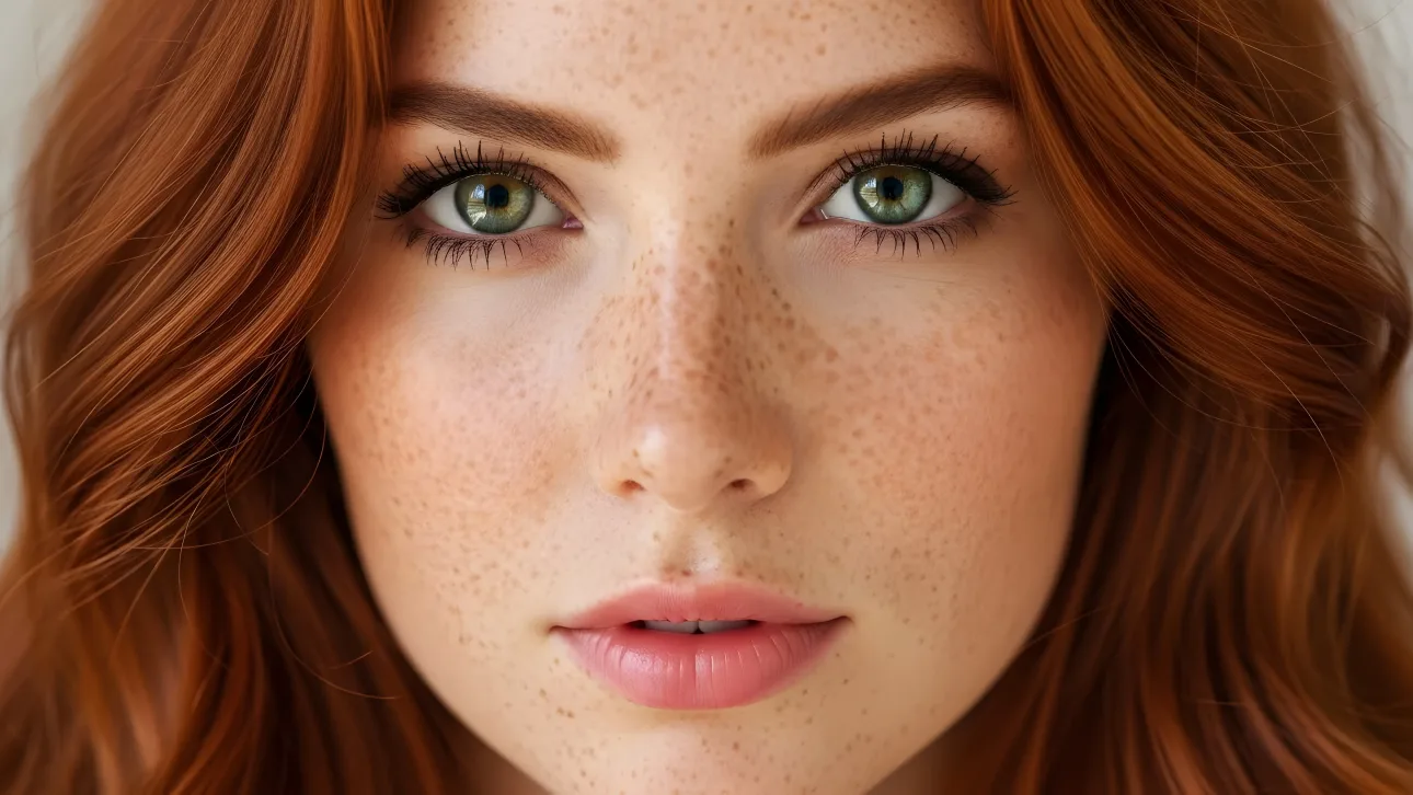 Elevate your visuals with this stunning redhead woman featuring captivating green eyes and delicate freckles.