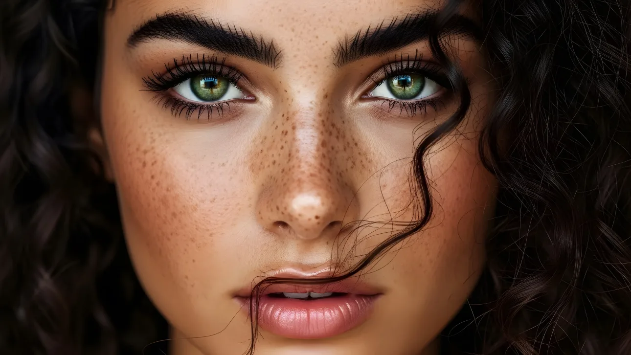 Enhance your project with this striking image of a woman with unique freckles and captivating green eyes. Perfect for high-fashion editorials.