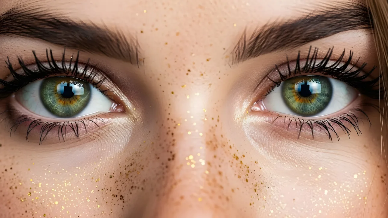 Enhance your designs with this captivating close-up of green eyes and golden freckles.