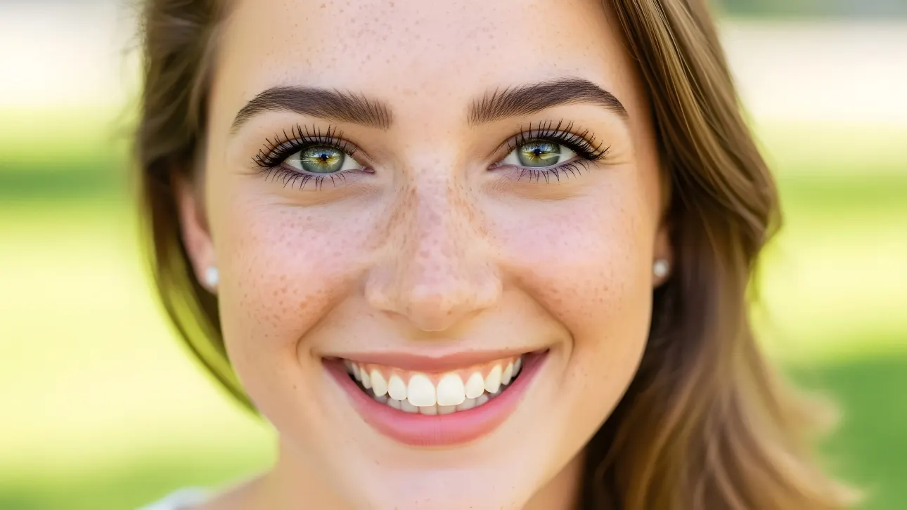 Enhance your project with this close-up of a smiling young woman featuring natural freckles and bright green eyes.