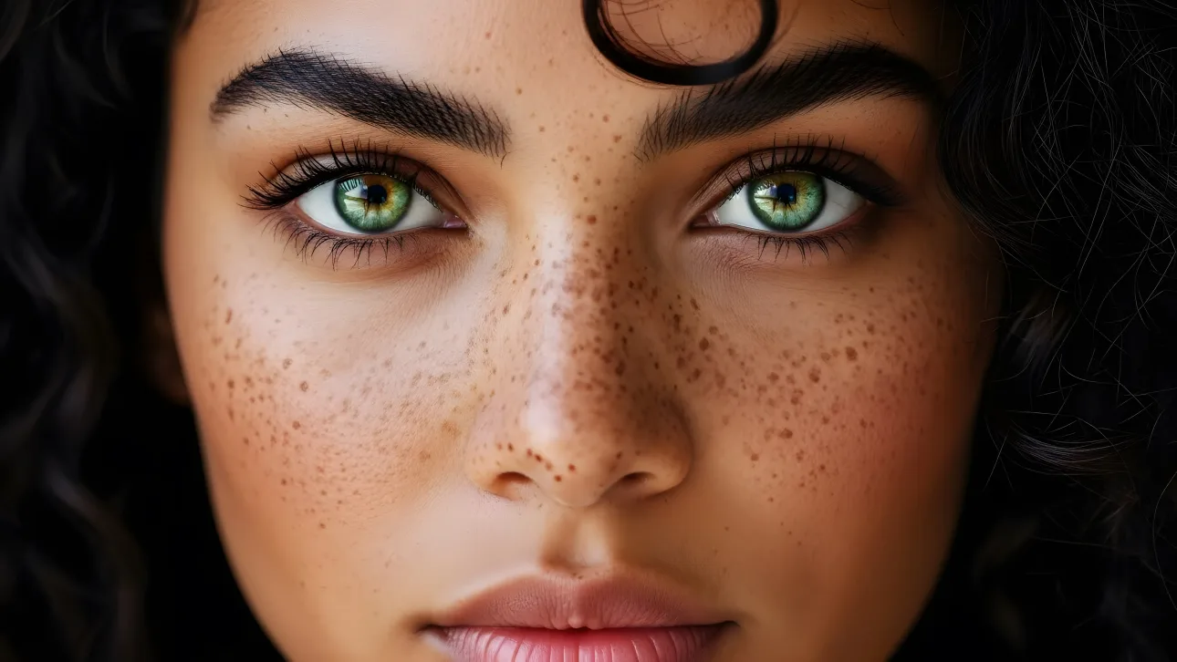 Elevate your creative project with this detailed portrait of a woman featuring striking green eyes and freckles.
