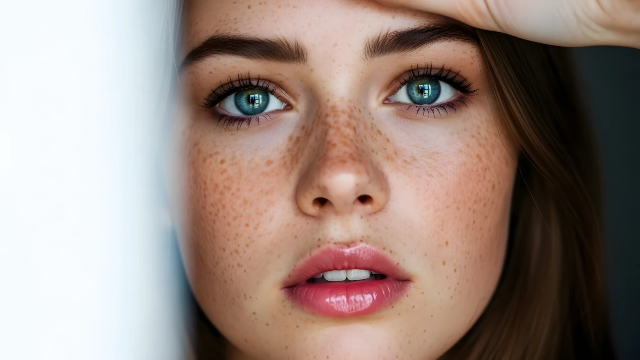 Showcase natural beauty with this captivating close-up featuring a woman with freckles. Perfect for high-end skincare and cosmetic branding.