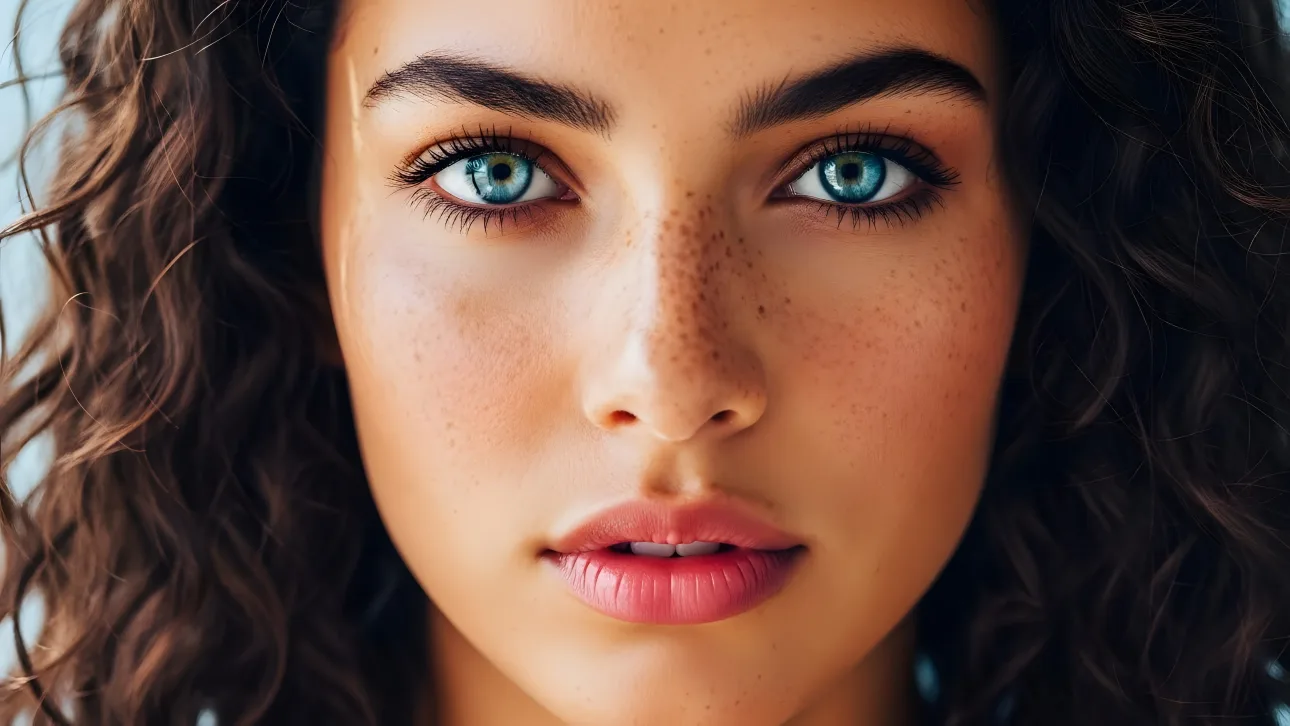 Elevate your project with this striking portrait of a freckled woman, showcasing captivating blue eyes and soft, natural light.