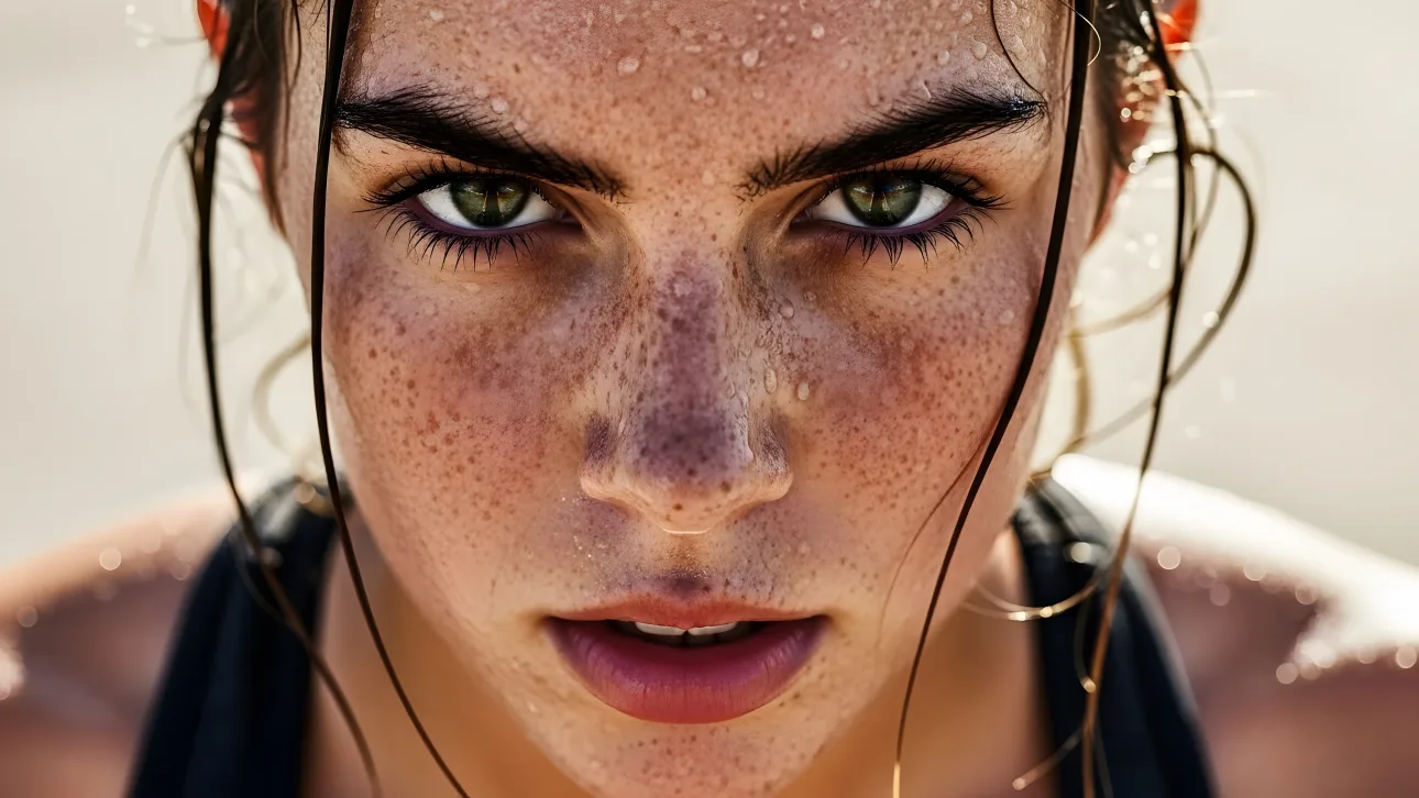Elevate your project with this intense image of a sweaty woman with striking green eyes and freckles.