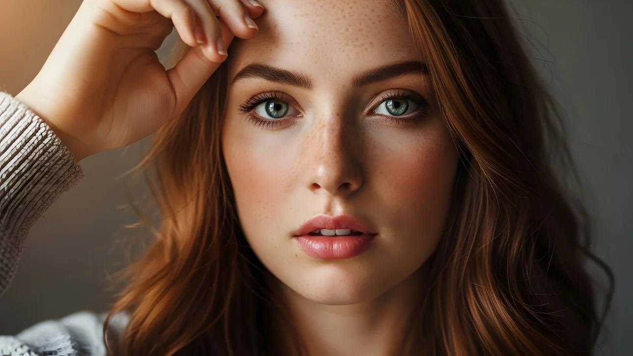 Enhance your creative project with this portrait of a redhead featuring striking green eyes and delicate freckles.