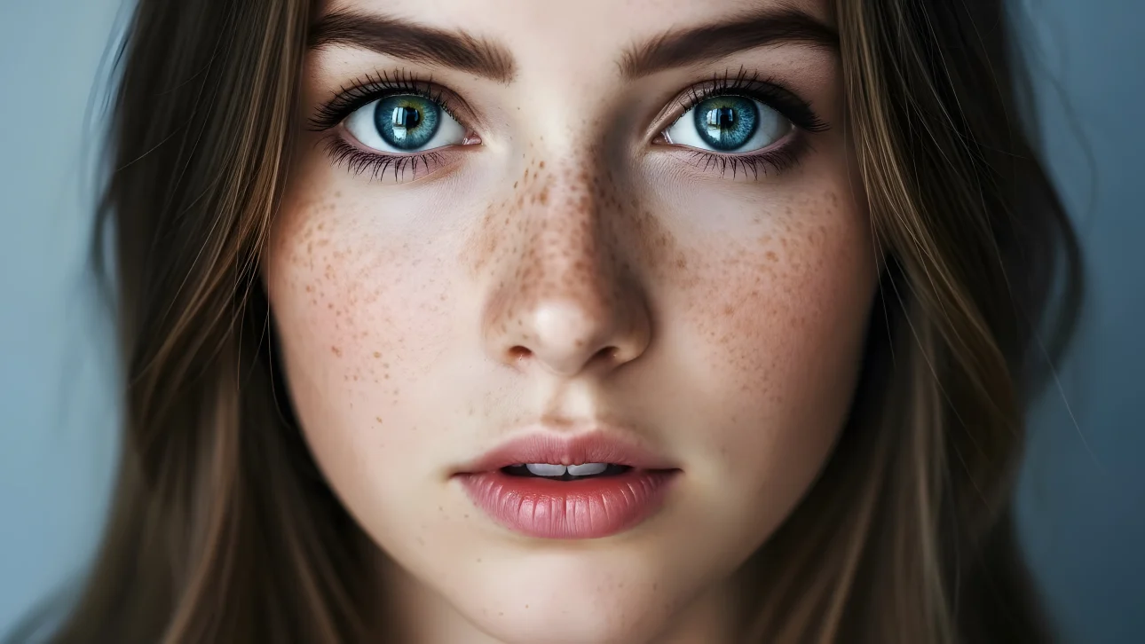 Enhance your creative projects with this captivating portrait of a woman with unique freckles and mesmerizing eyes.