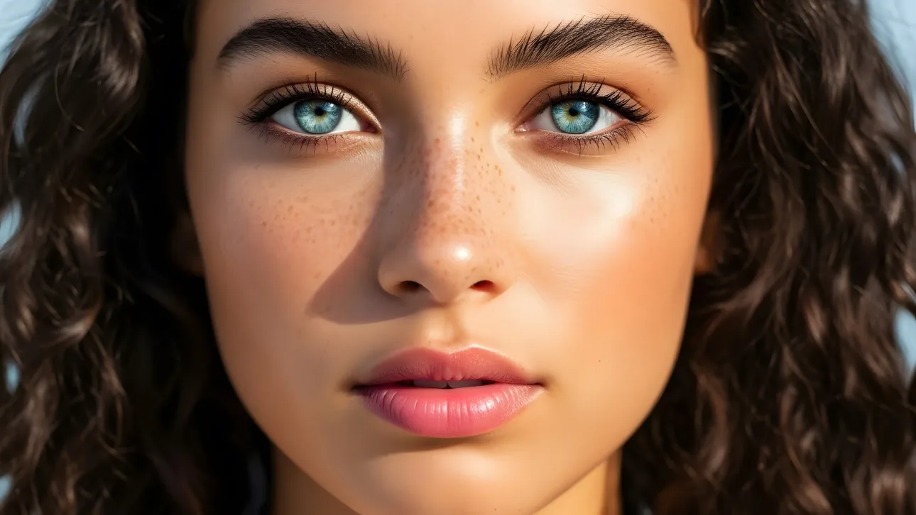 Elevate your projects with this high-resolution portrait of a woman featuring captivating blue eyes and delicate freckles.