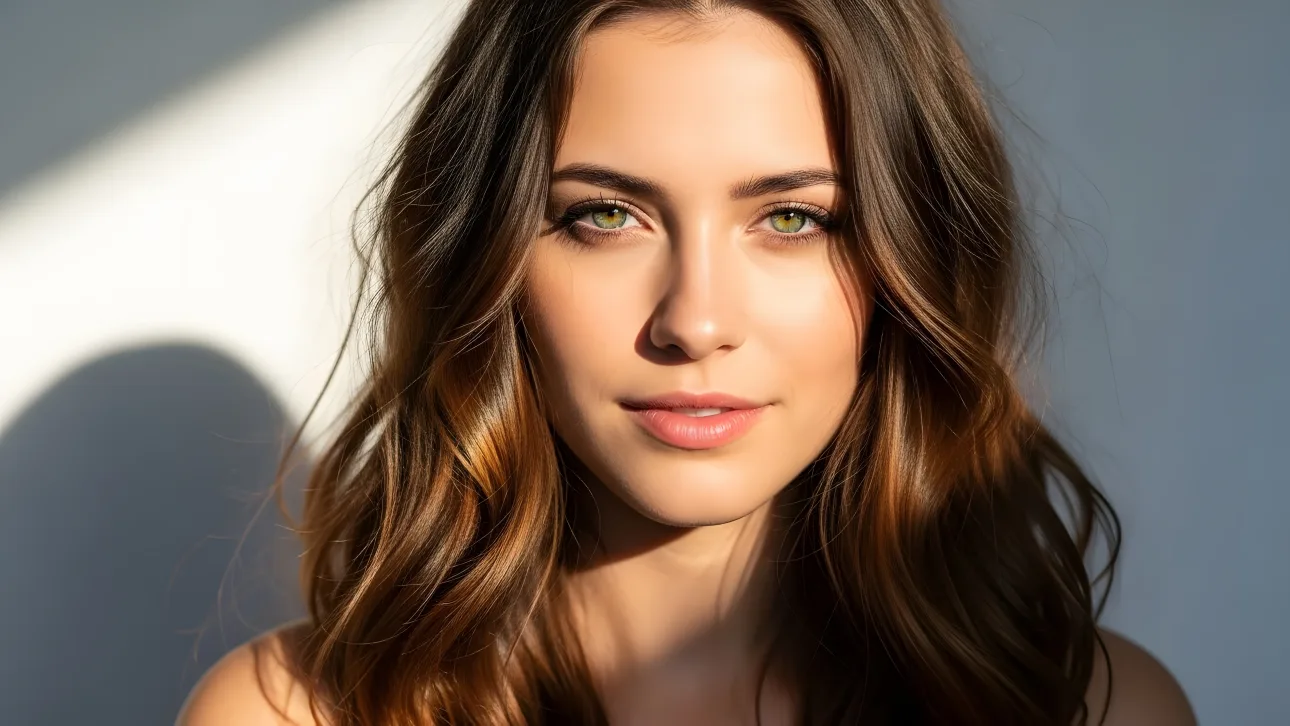 Enhance your visuals with a striking portrait of a green-eyed woman, highlighted in warm sunlight.