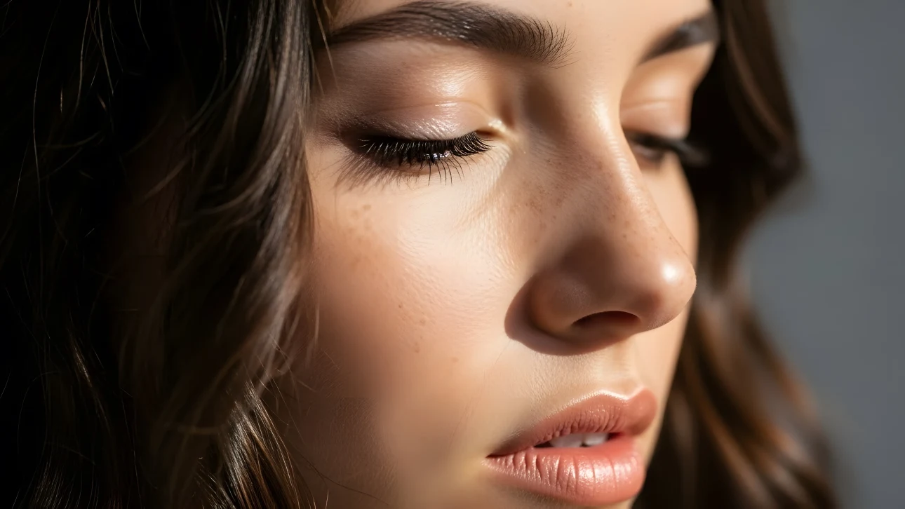 Enhance your project with this close-up of a woman's face featuring natural freckles and radiant lips, a premium design asset for beauty and well