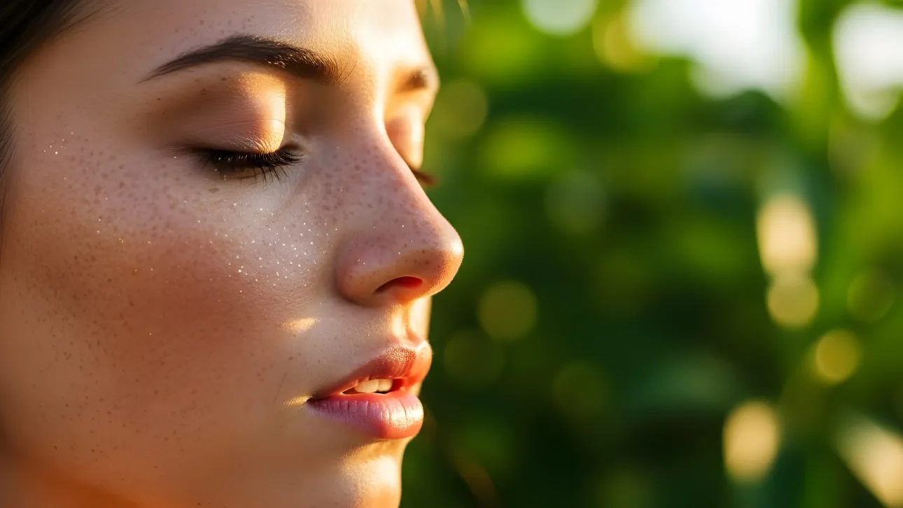 Evoke natural beauty with this close-up featuring freckles and subtle glitter, perfect for wellness branding or cosmetic product campaigns.