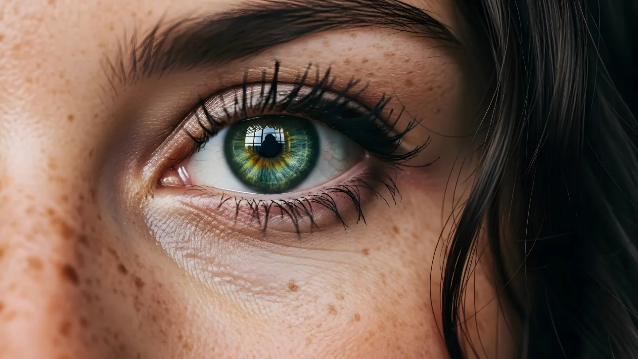 Enhance your designs with this striking image of a green eye and freckled skin. Ideal for beauty campaigns and authentic portraiture projects.