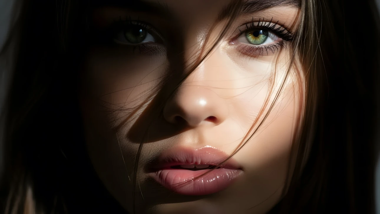 Enhance your designs with this striking close-up of a woman's face, featuring intense green eyes and dramatic shadows.