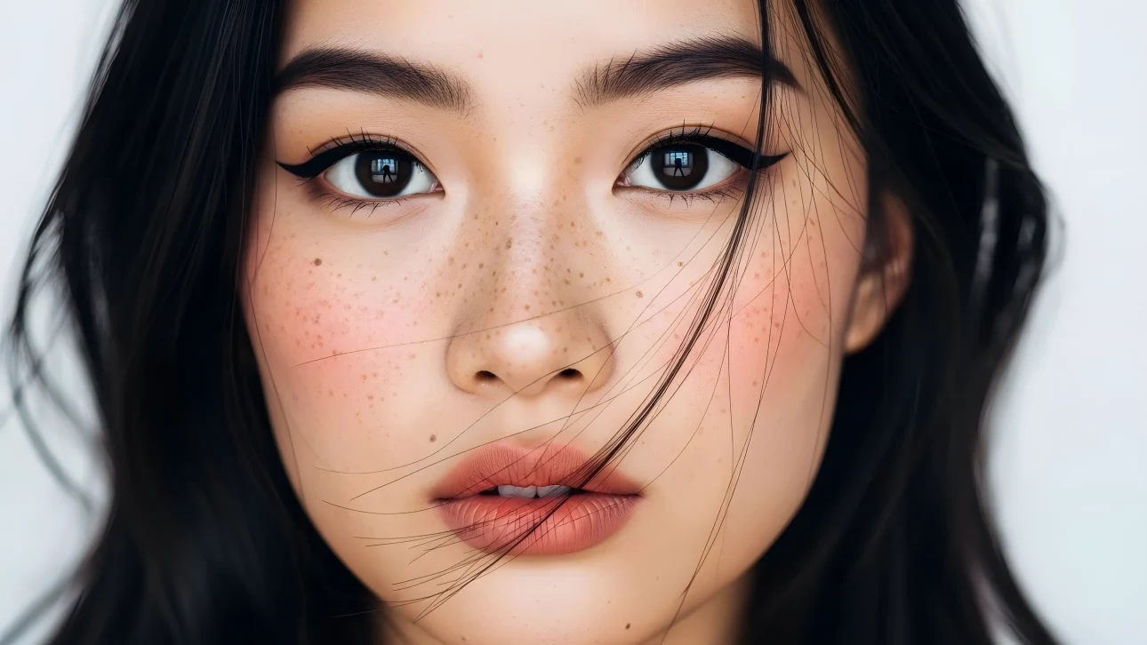 Enhance your designs with this close-up image of a woman with delicate freckles and flawless makeup. Perfect for high-end cosmetic campaigns.