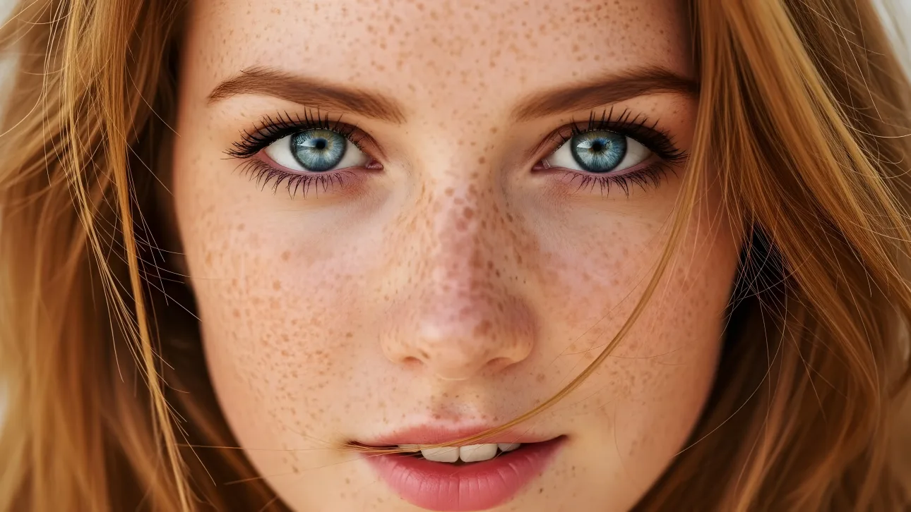 Elevate your project with this portrait of a woman with beautiful blue eyes and freckles. A premium design asset ready for your commercial use.