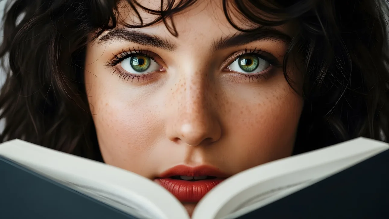Elevate your project with this striking image of a woman reading, featuring captivating green eyes and freckles.
