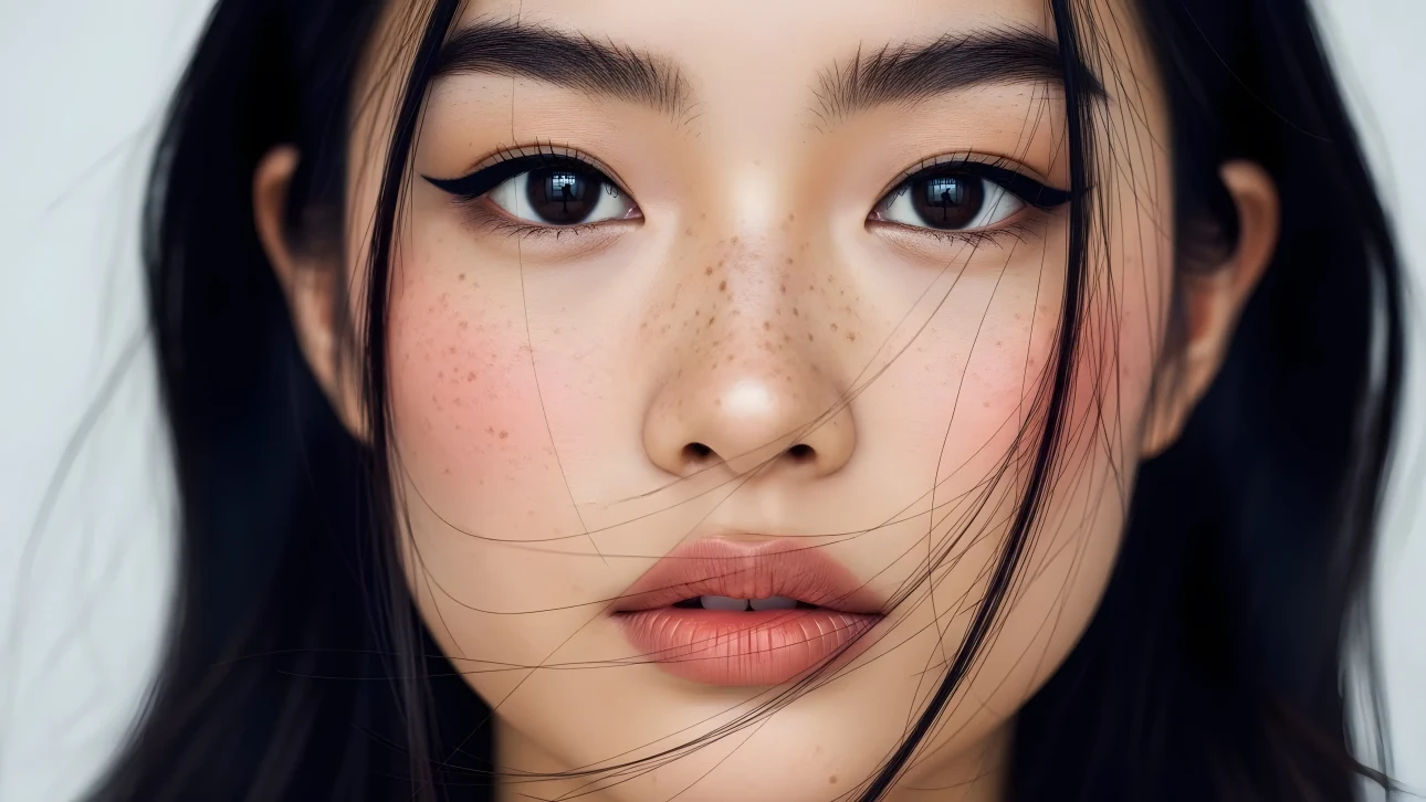 Elevate your project with this detailed portrait of an Asian woman, showcasing her freckles and makeup.