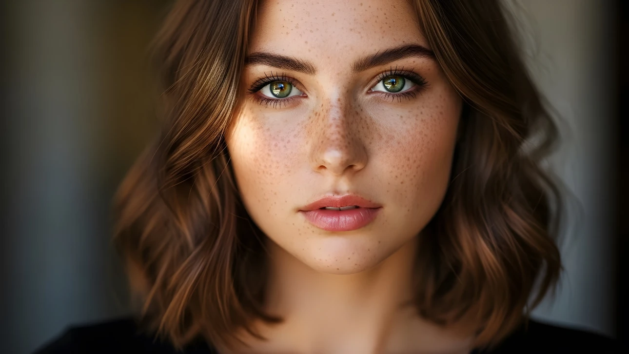 Elevate your project with this stunning image of a freckled woman, radiating natural beauty and charm, perfect for beauty and lifestyle campaigns