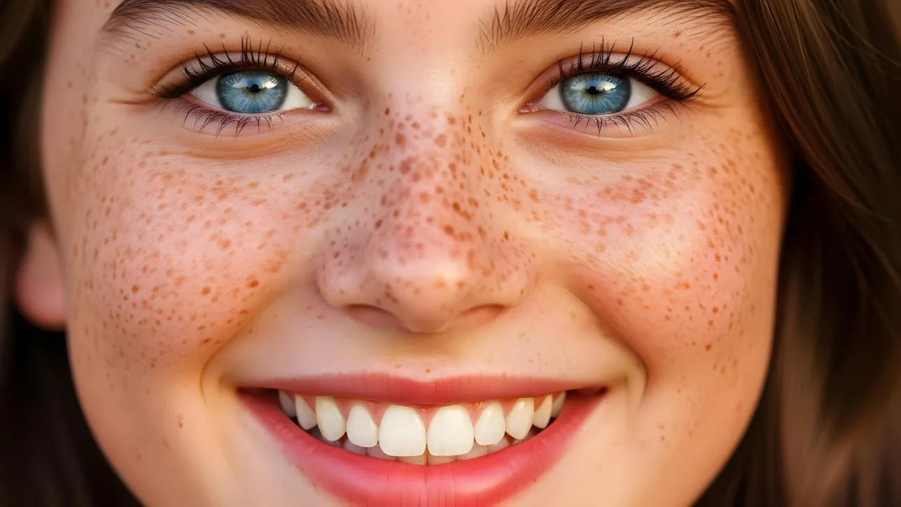 Elevate your project with a realistic, close-up portrait featuring a smiling woman with clear skin and striking blue eyes, ideal for beauty and h