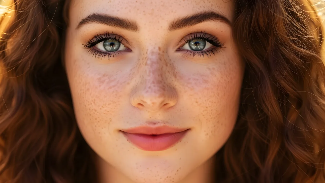Elevate your project with this portrait of a freckled woman with captivating eyes. Perfect for authentic beauty and natural skin care campaigns.