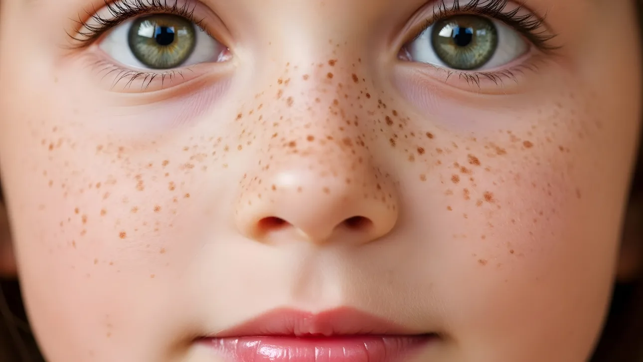 Enhance your designs with this close-up of a freckled girl with captivating hazel eyes.