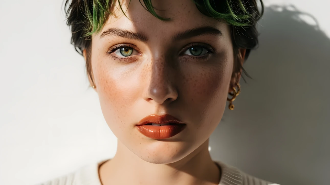 Elevate your visuals with this striking portrait featuring a woman with freckles and green hair, ideal for authentic beauty and modern lifestyle 