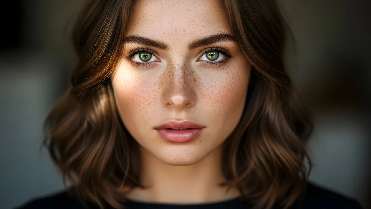 Enhance your project with this captivating portrait featuring a freckled woman with striking green eyes, perfect for adding authentic beauty and 