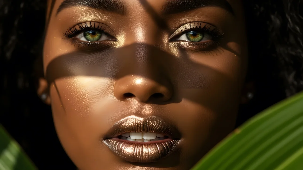Elevate your project with this striking portrait of a woman featuring golden makeup and dramatic lighting.